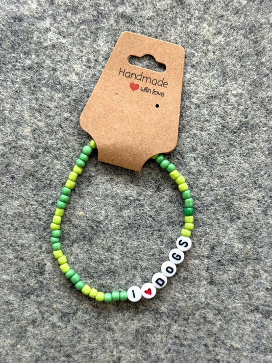 I Love Dogs Seed Bead Bracelet - Green