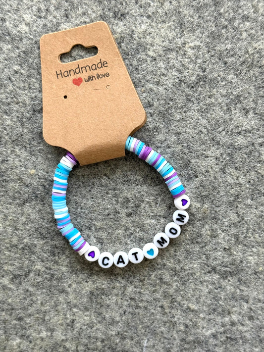 Cat Mom Clay Bead Bracelet -Blue & Purple