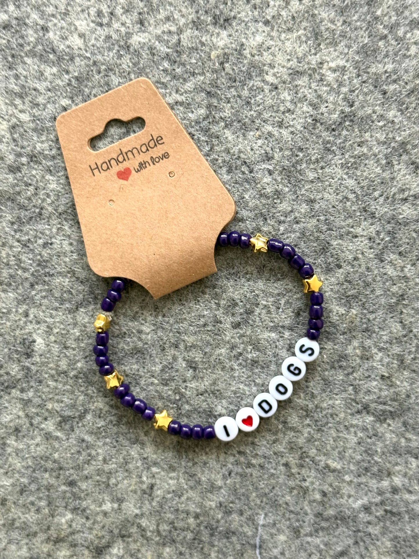 I Love Dogs Seed Bead Bracelet - Purple with Stars